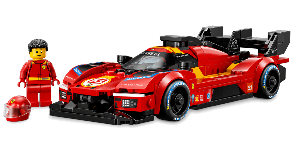 Red LEGO Ferrari race car with driver minifigure