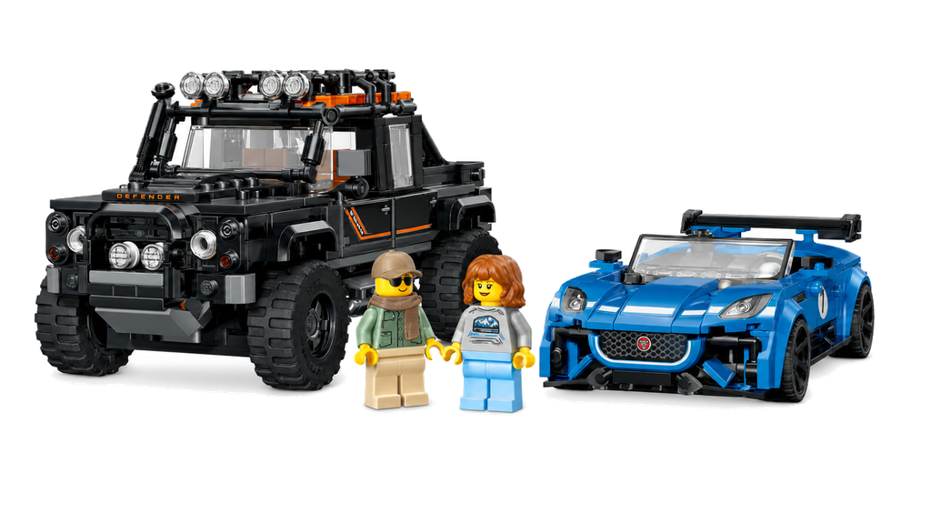 Black LEGO Land Rover Defender and blue Jaguar Project 7 with minifigures