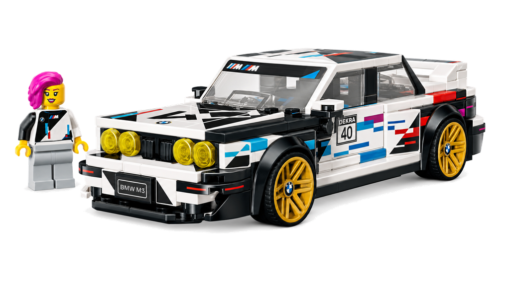 White LEGO BMW style race car with driver minifigure