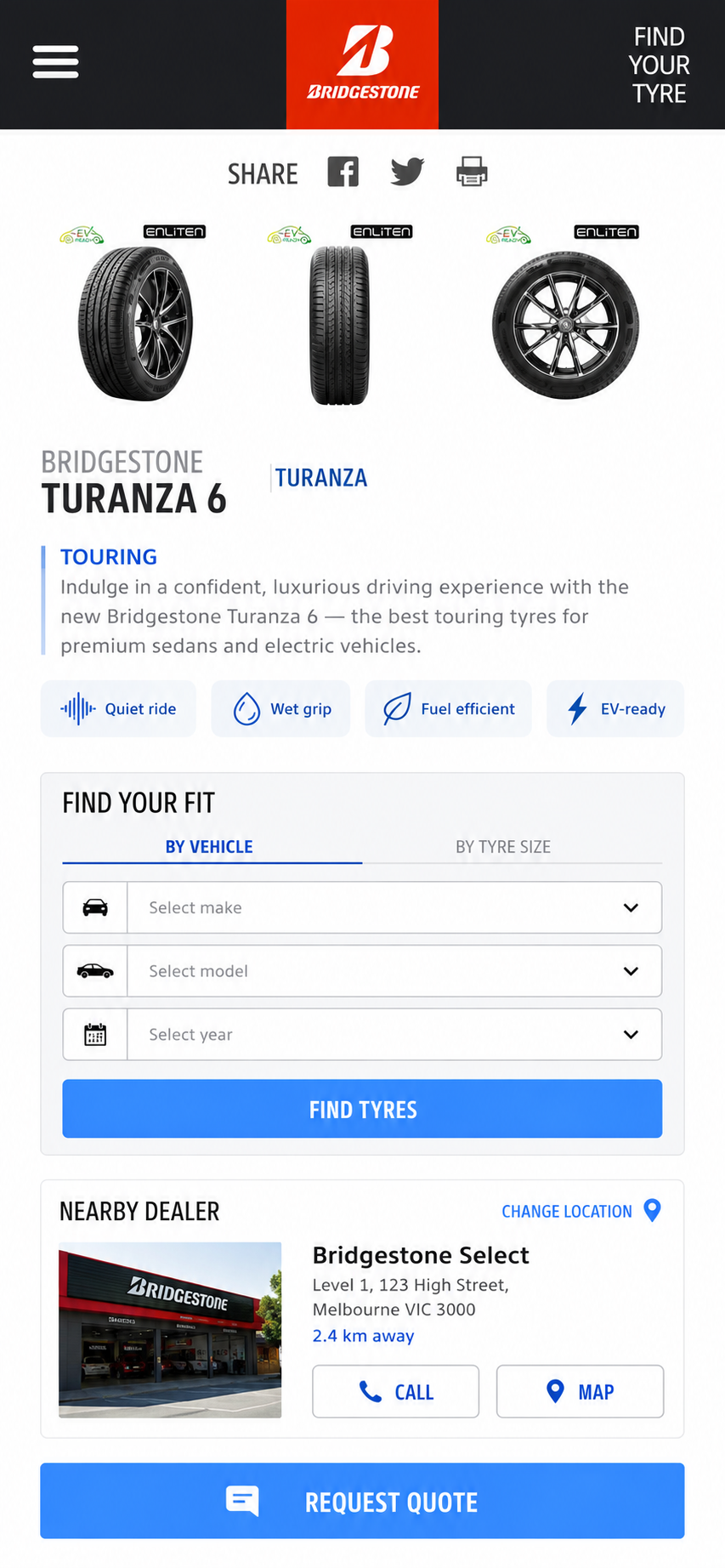 Bridgestone Turanza fit landing page