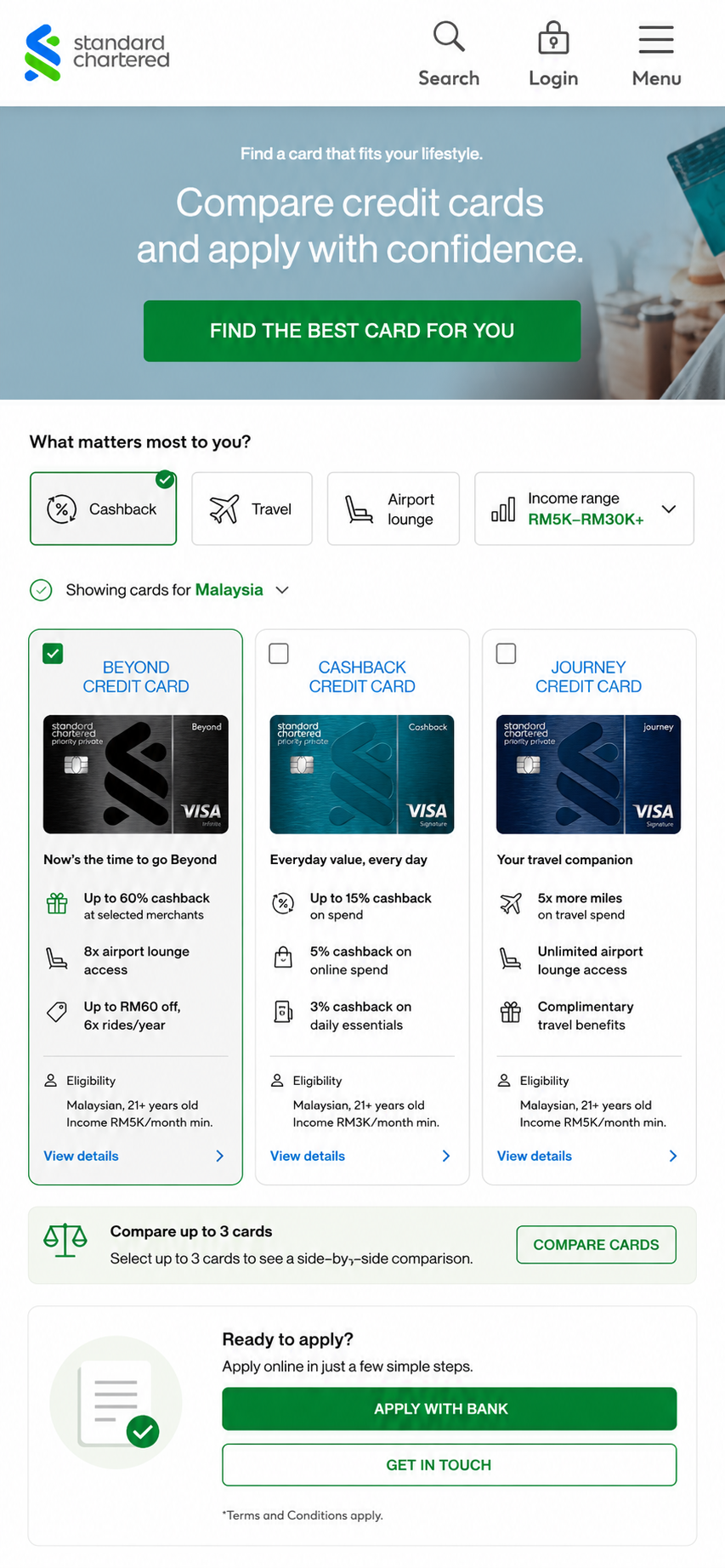 Standard Chartered card comparison landing page